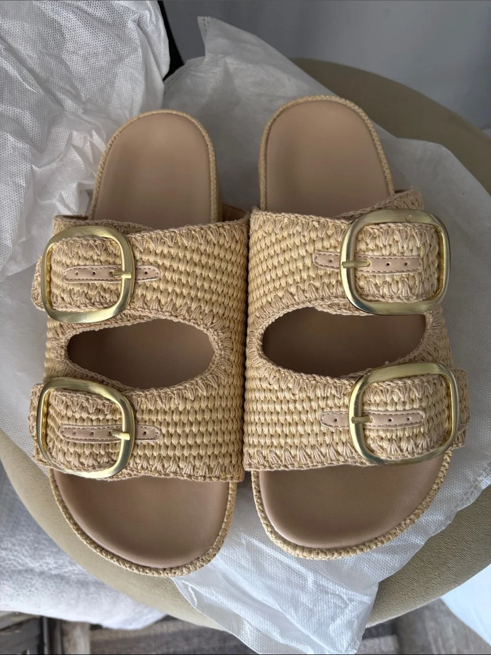 NWOT Neutral Woven Double-Buckle Slide Sandals - Beige